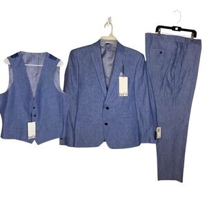 Bar III Mens 3 Piece 100% Linen Suit Blue Slim Fit 40S 36W 32L NWT NEW